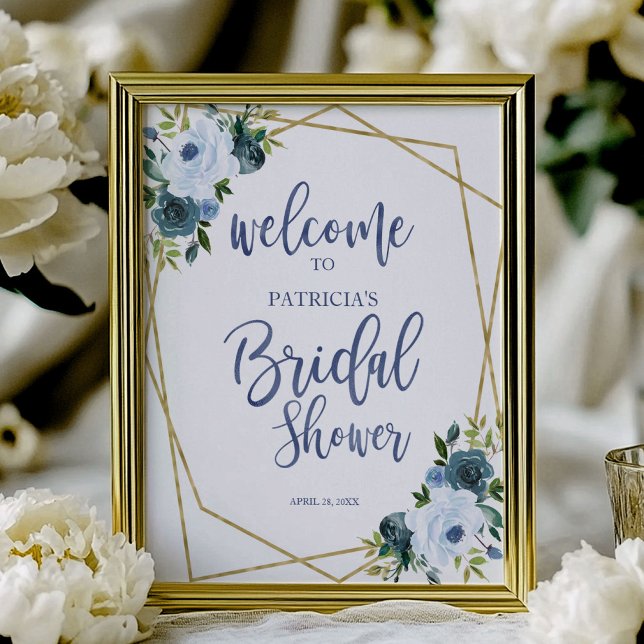 Dusty Blue Gold Floral Bridal Shower Welcome Poster (Creator Uploaded)