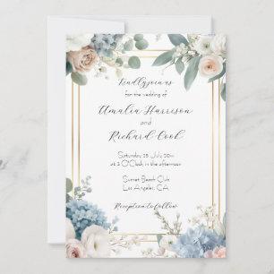 Dusty Blue Gold Floral Customisable Wedding Invitation