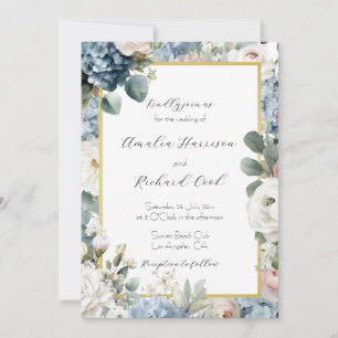 Dusty Blue Gold Floral Customisable Wedding Invitation