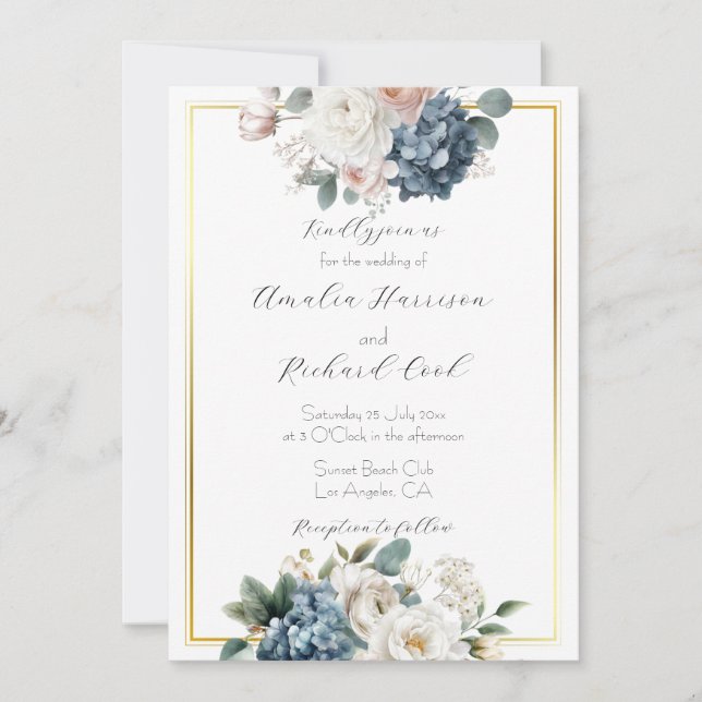Dusty Blue Gold Floral Customisable Wedding  Invitation (Front)