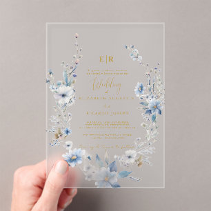 Dusty Blue Gold Floral Spring Bloom Wedding  Acrylic Invitations
