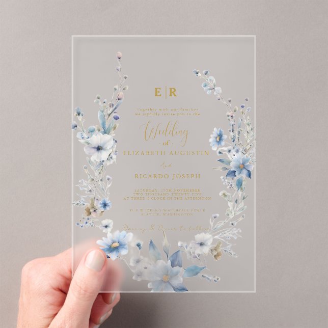 Dusty Blue Gold Floral Spring Bloom Wedding  Acrylic Invitations (Insitu (Handheld))