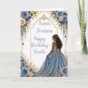 Dusty Blue Gold Floral Sweet Sixteen Party Card