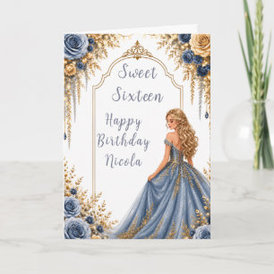 Dusty Blue Gold Floral Sweet Sixteen Party Card