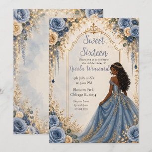 Dusty Blue Gold Floral Sweet Sixteen Party Invitation
