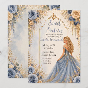 Dusty Blue Gold Floral Sweet Sixteen Party Invitation