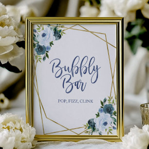 Dusty Blue Gold Floral Watercolor Bubbly Bar Sign