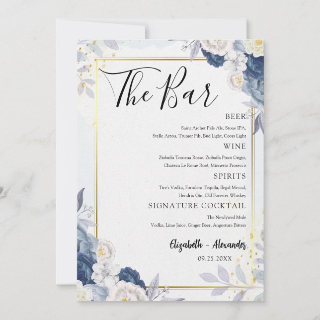 Dusty Blue Gold Floral Wedding Bar Menu Card (Front)