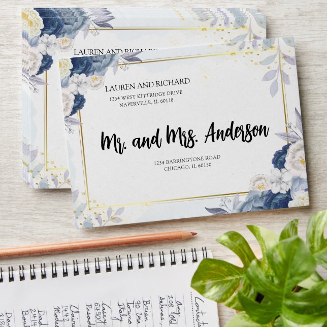 Dusty Blue Gold Floral Wedding Envelope (Stacked)