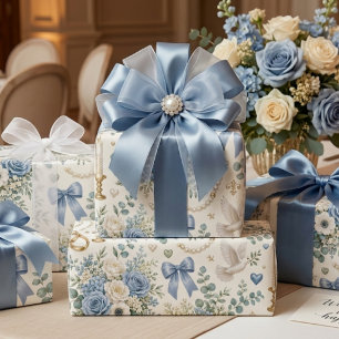 Dusty Blue Gold Floral Wedding Gift Wrap with Dove