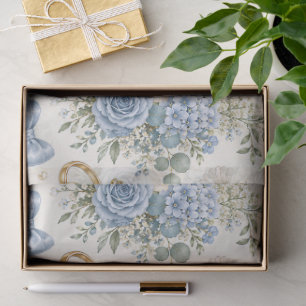 Dusty Blue Gold Floral Wedding Gift Wrap with Dove Tissue Paper