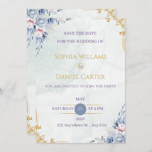 Dusty Blue Gold Floral Wedding Invitation Template