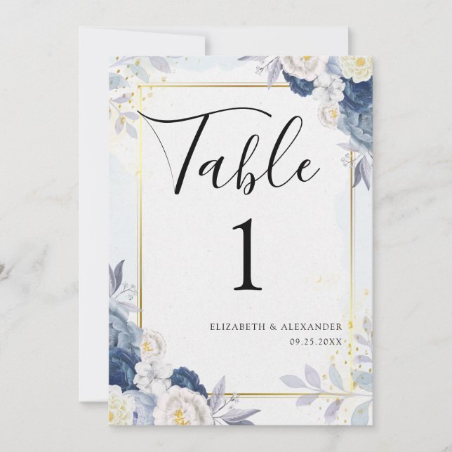 Dusty Blue Gold Floral Wedding Table Numbers Card (Front)