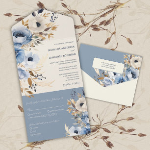 Dusty Blue Gold Floral Winter Wedding All In One Invitation