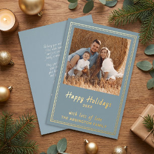 Dusty Blue Gold Foil Happy Holidays Family Photo