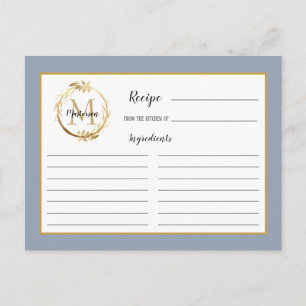 Dusty Blue Gold Foliage Monogram Recipe Card