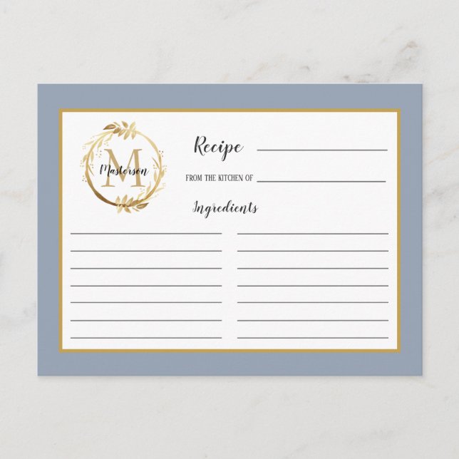 Dusty Blue Gold Foliage Monogram Recipe Card (Front)
