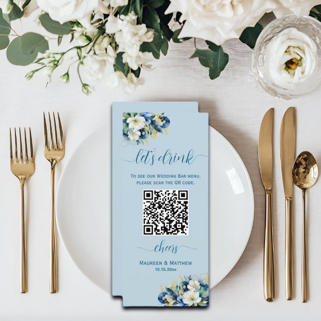 Dusty Blue Gold Glitter Floral QR Code Bar  Menu (Creator Uploaded)
