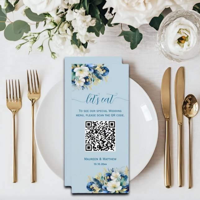 Dusty Blue Gold Glitter Floral QR Code Wedding Menu (Creator Uploaded)