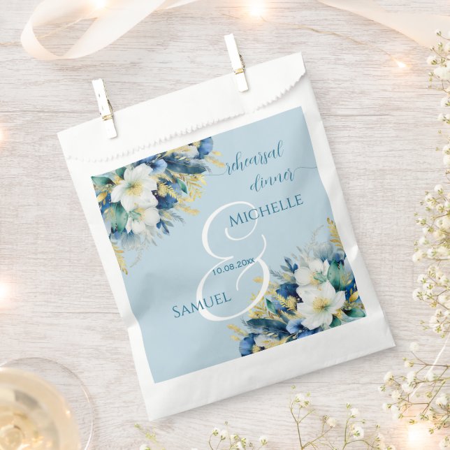 Dusty Blue Gold Glitter Floral Rehearsal Dinner Favour Bags (Clipped)