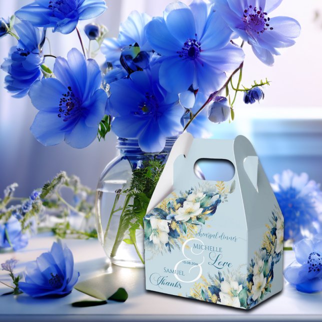 Dusty Blue Gold Glitter Floral Rehearsal Dinner Favour Box (Creator Uploaded)