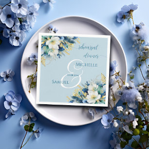 Dusty Blue Gold Glitter Floral Rehearsal Dinner Napkin