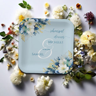 Dusty Blue Gold Glitter Floral Rehearsal Dinner Paper Plate