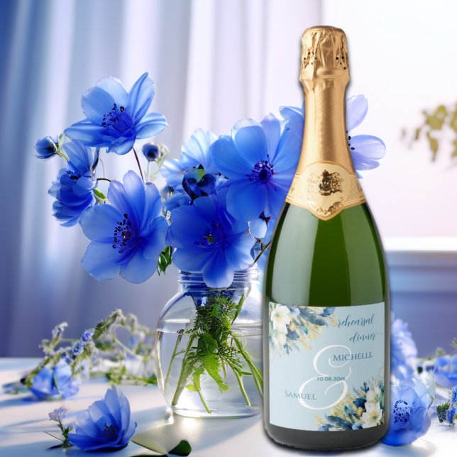 Dusty Blue Gold Glitter Floral Rehearsal Dinner Sparkling Wine Label (Creator Uploaded)