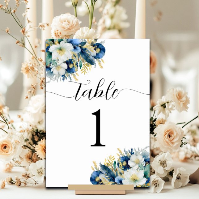 Dusty Blue Gold Glitter Floral Table Number (Creator Uploaded)