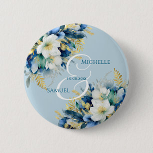 Dusty Blue Gold Glitter Floral Wedding 6 Cm Round Badge