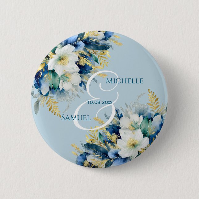 Dusty Blue Gold Glitter Floral Wedding 6 Cm Round Badge (Front)