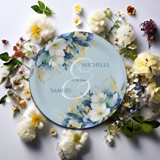 Dusty Blue Gold Glitter Floral Wedding Paper Plate (Creator Uploaded)