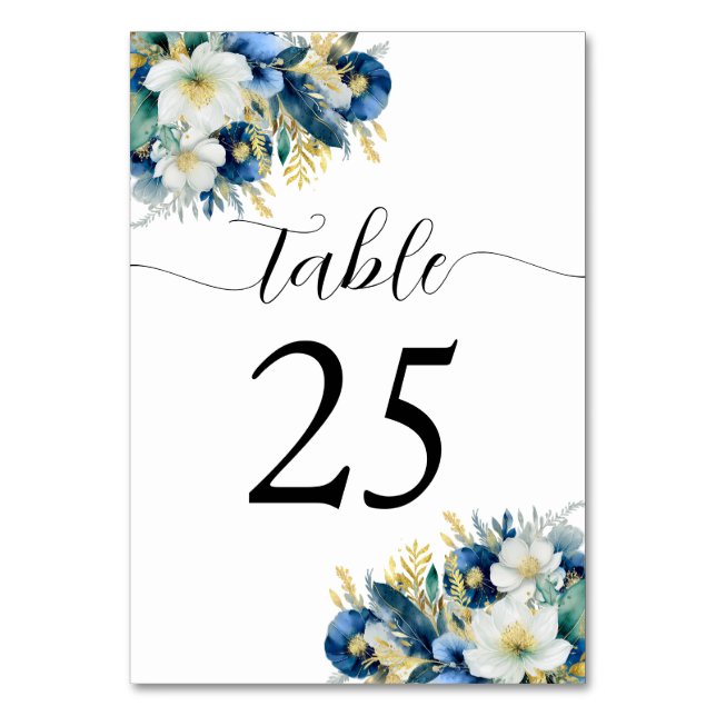 Dusty Blue Gold Glitter Floral Wedding Table Number (Front)