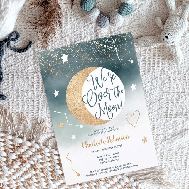 Dusty blue gold glitter over the moon baby shower invitation (Creator Uploaded)