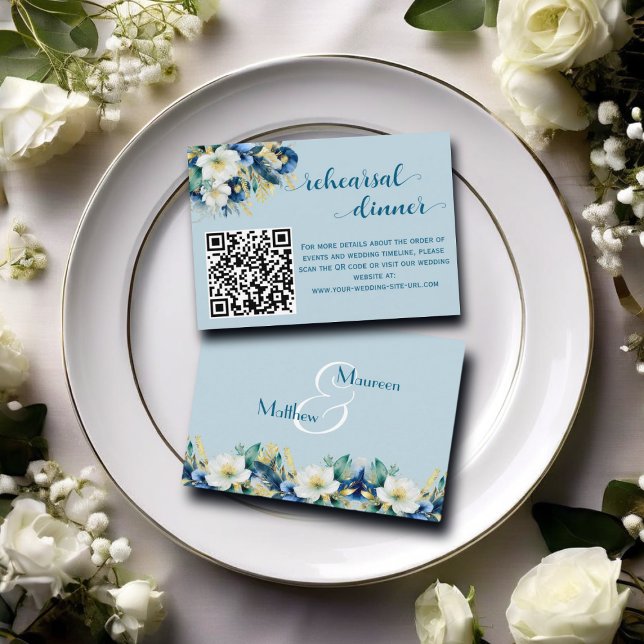 Dusty Blue Gold Glitter QR Code Rehearsal dinner Enclosure Card (Creator Uploaded)