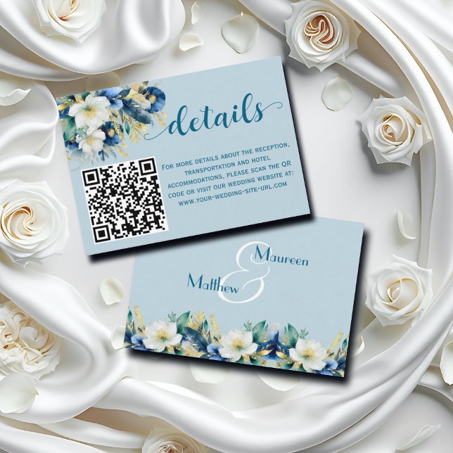 Dusty Blue Gold Glitter QR Code Wedding Details Enclosure Card (Creator Uploaded)