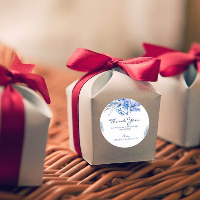 Dusty Blue Gold Glitter Rustic Wedding Thank You Classic Round Sticker (Creator Uploaded)