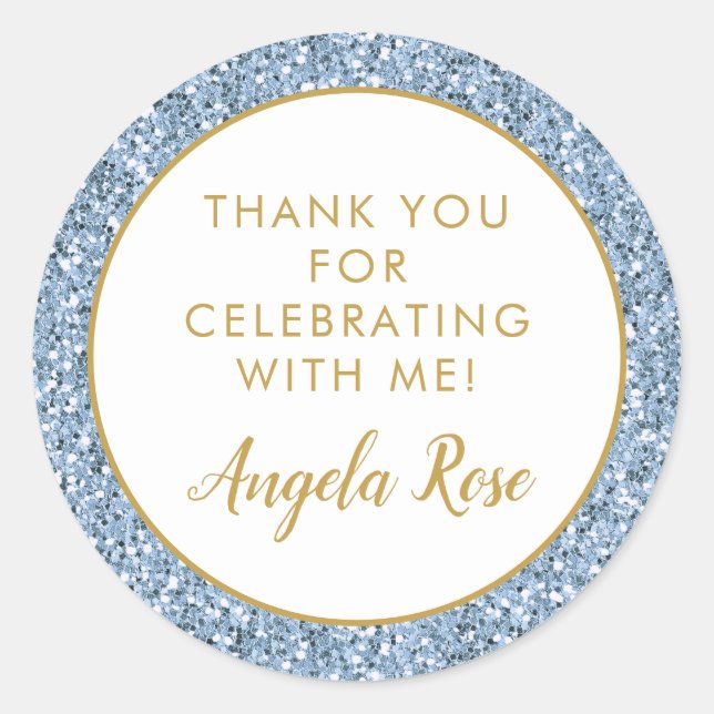Dusty Blue Gold Glitter Thank You Party Favour Classic Round Sticker (Front)