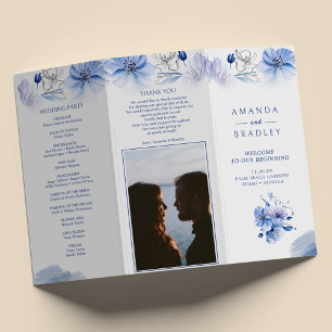 Dusty Blue & Gold Glitter Trifold Wedding Program Flyer