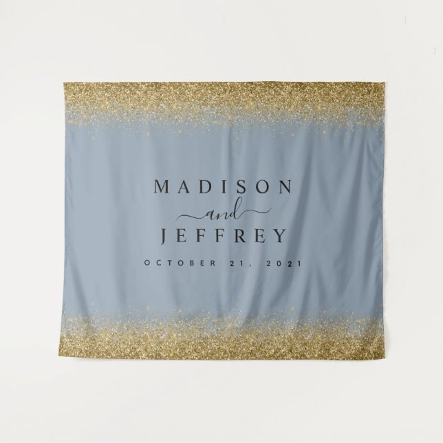 Dusty Blue & Gold Glitter Wedding Backdrop Tapestry (Front (Horizontal))