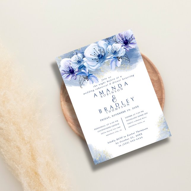Dusty Blue & Gold Glitter Wedding Rehearsal Dinner Invitation (Creator Uploaded)