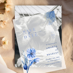 Dusty Blue & Gold Glitter Wedding Save The Date Vellum Invitations