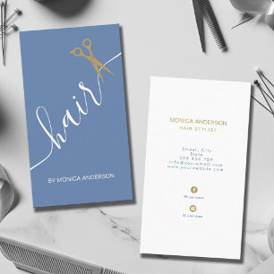 Dusty Blue Gold Hair Script Stylist Scissors Business Card