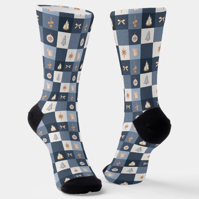 Dusty Blue & Gold Holiday Design Socks (Angled)