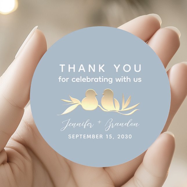 Dusty Blue Gold Lovebirds Thank You Classic Round Sticker (Creator Uploaded)