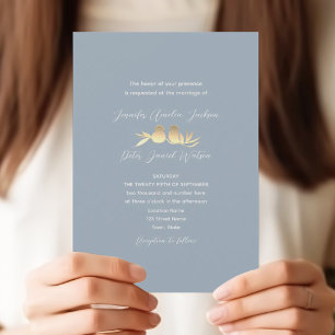 Dusty Blue Gold Lovebirds Wedding Invitation