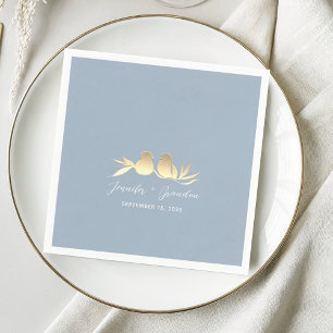 Dusty Blue Gold Lovebirds Wedding  Napkin