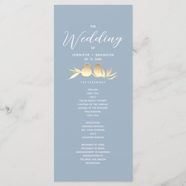 Dusty Blue Gold Lovebirds Wedding Programme (Front)