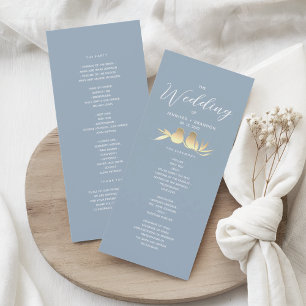 Dusty Blue Gold Lovebirds Wedding Programme