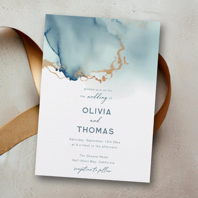 Dusty Blue Gold Modern Romantic Teal Beach Wedding Invitation (dusty blue gold beach wedding invitation modern elegant bohemian romantic simple classy calligraphy)